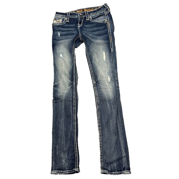 Rock Revival Jeans 25 Distressed Rip Y2K Crystal Flap Pocket Straight Streetwear - Picture 3 of 10